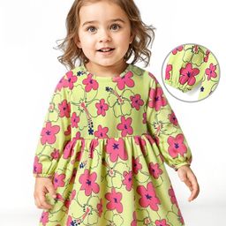 Doodle Poodle 100% Cotton Knit Full Sleeves Frock with Bloomer & Floral Print - Limegreen-image-45