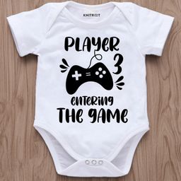 KNITROOT Announcement Theme Half Sleeves Player 3 Entering The Game Text Printed Onesie - White-image-62