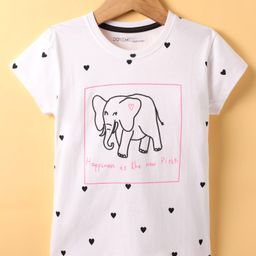 Doreme Cotton Knit Half Sleeves T-Shirt with Hearts & Elephant Print - White-21