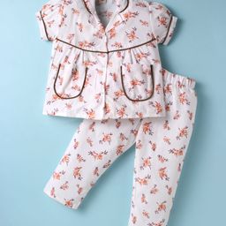 Dew Drops Poplin Half Sleeves Night Suit with Floral Print - Orange-image-33