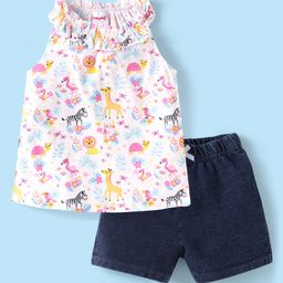 Babyhug Single Jersey Knit Sleeveless Halter Neck Top & Shorts Set with Jungle Theme Print - White & Navy Blue-18