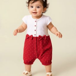 Mark & Mia Interlock Knit Half Sleeves Front Open Romper with Polka Dots Print & Bow Applique - Red & White-image-43