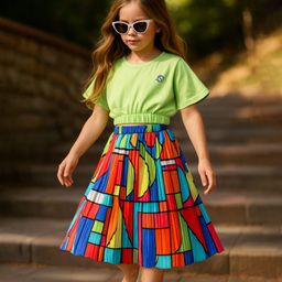 OLLINGTON ST. Cotton Knit Half Top & Pleated Georgette SkirtSet with Print - Lime & Multicolor-picture-10