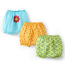 Doodle Poodle 100% Cotton Knit Bloomers With Floral& Heart Print Bloomers Pack of 3 - Light BlueYellow & Green-image-29