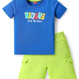 Babyhug Single Jersey Knit Half Sleeves T-Shirt & Shorts Set with Text Print - Blue & Limegreen-image-101