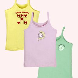 Kiddopanti Cotton Pack Of 3 Sleeveless Floral & Unicorn Printed Camisoles - Green Lilac & Yellow-image-77