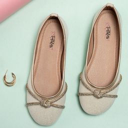 Toothless Checked Glitter Designed & Rhinestones Embellished Ballerinas - Gold-image-72