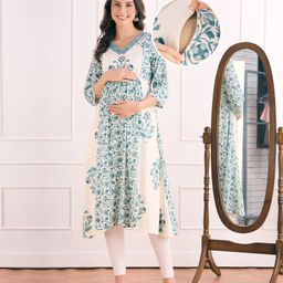 Bella Mama Woven Three Fourth Sleeves With Contrast Yoke Maternity Kurta with Floral Print - Blue-picture-13