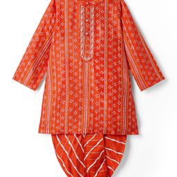 Babyhug Woven Full Sleeves Kurta Dhoti Set With Bandhani Print & Lace Detailing - Coral-image-86