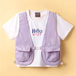Little Kangaroos Cotton Knit Half Sleeves Top with Attached Jacket & Text Print - Purple-picture-4