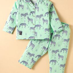 Enfance Core Cotton Woven Full Sleeves Zebra Printed Coordinating Night Suit Set - Sea Green-image-45