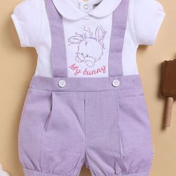 Wonderchild Interlock Woven Solid Romper With Half Puffed Sleeves Bunny Embroidered Attached Tee - White & Lilac-image-30