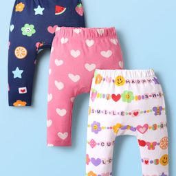 Babyhug Interlock Knit Full Length Heart & Fruit Printed Diaper Leggings Pack of 3 - White Pink & Navy Blue-image-42