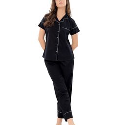 Piu Cotton Woven Half Sleeves Solid Coordinating Maternity Night Suit Set - Black-image-17