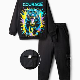 OLLINGTON ST. Cotton Full Sleeves Sweatshirt With Tiger Print & Knit Joggers Set - Black-picture-37