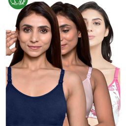 Inner Sense Organic Cotton Knit Pack of 3 Solid & Floral Printed Antimicrobial Maternity Bras With Nursing Access - Multi Colour-picture-5