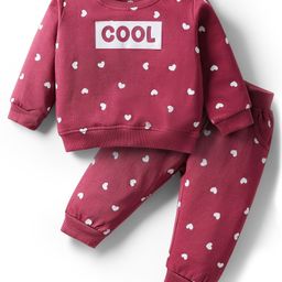 Doodle Poodle 100% Cotton Looper Terry Knit Full Sleeves Top & Lounge Pant Co-Ord Set With Heart Print - Brown-picture-44