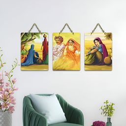 ArtVibes Yellow & Blue 3 Pieces Traditional Village Life Printed Wooden Hanging Wall Arts-image-75