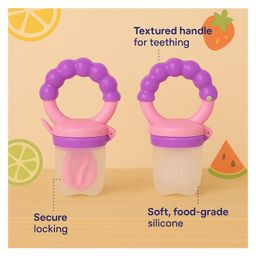 KIDS BASIC BPA Free Silicone Food Nibbler for Fruit and Veggie with Rattle Handle - Purple (Pack of 2) image 4