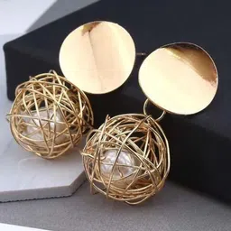 Celestria Gold-Plated Circular Artificial Stones Studded Drop Earrings-15