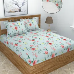 MORADO Green & Red Floral Cotton 210 TC Fitted King Bedsheet Set-1.98 mX1.82m X 30.48cm-image-5