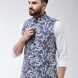 SOJANYA Men Cream-Coloured & Blue Printed Nehru Jacket image 3