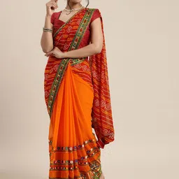 DIVASTRI Ethnic Motifs Embroidered Mirror Work Pure Georgette Bandhani Saree-picture-14