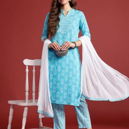 Anouk Floral Print Pure Cotton Kurta with Trousers & Dupatta image 3