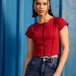 CORSICA Paneled Contrast Stitch Ribbed Crop Top-image-23