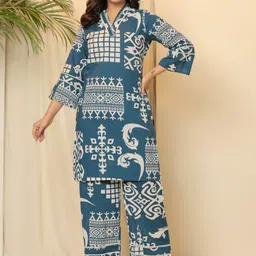 AUTUMN LANE Pure Cotton Printed V-Neck Tunic With Trousers Co-Ords-picture-1