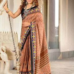 PEENGAX Geometric Printed Pure Cotton Ikat Saree-image-80