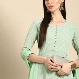 Anouk Women Sea Green Ethnic Motifs Embroidered Kurta with Palazzos & With Dupatta-image-73
