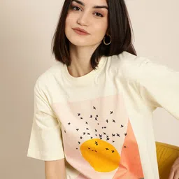 DILLINGER Women Cream-Coloured Printed Cotton Oversized Pure Cotton T-shirt-image-76