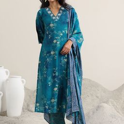 Libas Floral Printed Mirror Work V-Neck Straight Kurta With Trousers & Dupatta-picture-4