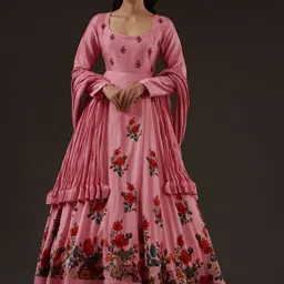 Balance by Rohit Bal Women Floral Printed Layered Chanderi Silk Kurta with Churidar & With Dupatta-image-16