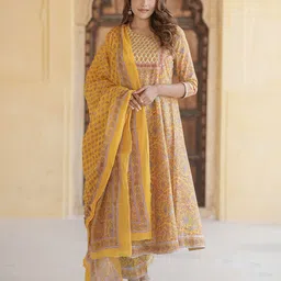 KALINI Floral Printed Gotta Patti Pure Cotton Anarkali Kurta with Trousers & Dupatta-36
