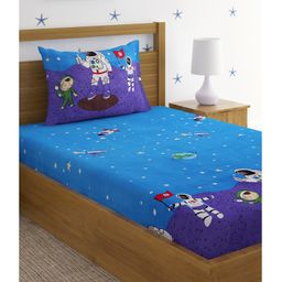 HOSTA HOMES 280 GSM Glaced Cotton Single Bed Sheet With 1 Pillow Cover Stars & Clouds Print - Blue-image-49