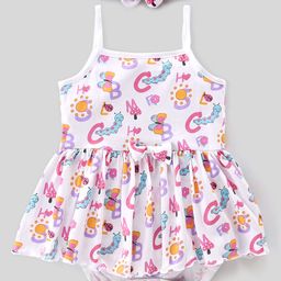 Babyhug 100% Cotton Interlock Knit Sleeveless Onesies With Hairband & Butterfly Print - White-image-25
