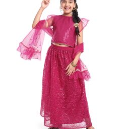 Pine Kids All Over Embroidered Half Sleeves Choli Lehenga set with Dupatta- Pink-11