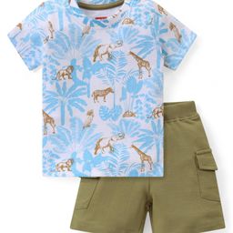 Babyhug Cotton Knit Half Sleeves Animals Printed T-Shirt & Short Set - White & Brown-image-28