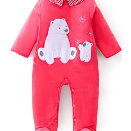 Babyhug Woven Full Sleeves Winter Wear Footed Romper With Polar Bear Embroidery - Red-image-18