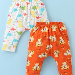 OHMS Single Jersey Knit Full Length Diaper Leggings With Lion & Dinosaurs Print Pack Of 2 - Orange & Off White-image-96