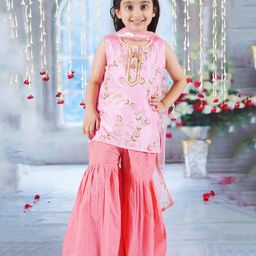 Little Bansi Sleeveless Floral Embroidered & Tassel Work Detailed Kurta Sharara With Dupatta - Coral-picture-12