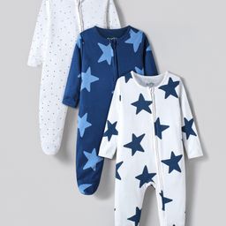 Bonfino 100% Cotton Knit Full Sleeve Polka Dots & Star Printed Footed Sleep Suits Pack Of 3 - White & Navy Blue-image-99
