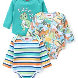 Babyhug 100% Cotton Knit Full Sleeves Onesies Dino Print Pack of 3 - Multicolour-image-86