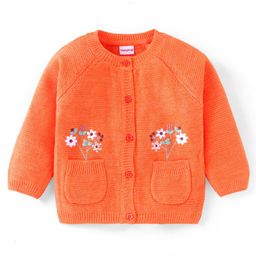 Babyhug Knitted Full Raglan Sleeves Front Open Sweater with Floral Embroidery - Orange-image-87
