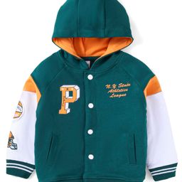 Babyhug Cotton Knitted Full Sleeves Bomber Hooded Jacket With Text Print & Badge Detailing - Green-image-70