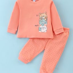 Tango Single Jersey Knit Full Sleeves T-Shirt & Lounge Pants Set With Kittens Print - Dark Peach-image-31