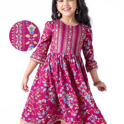 EARTHY TOUCH Single Jersey Knit Three Fourth Sleeves Ethnic Dress With Floral Print - Dark Pink-image-101