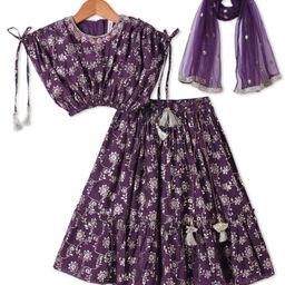 Babyhug Woven Half Sleeves Floral Printed Choli Lehenga Set with Dupatta - Purple-picture-10